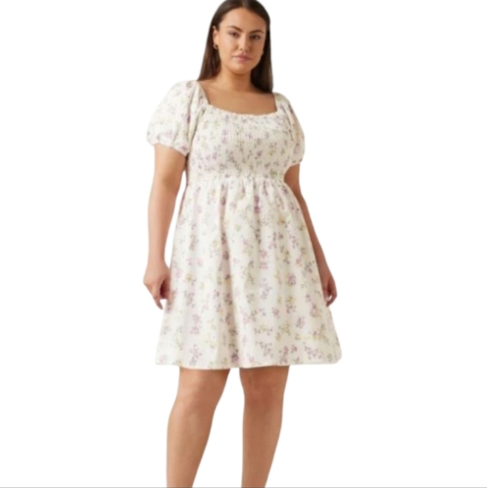 City Chic Denim Ditsy Floral Mini Dress Ivory White Womens Size XXL 24 New Flowy